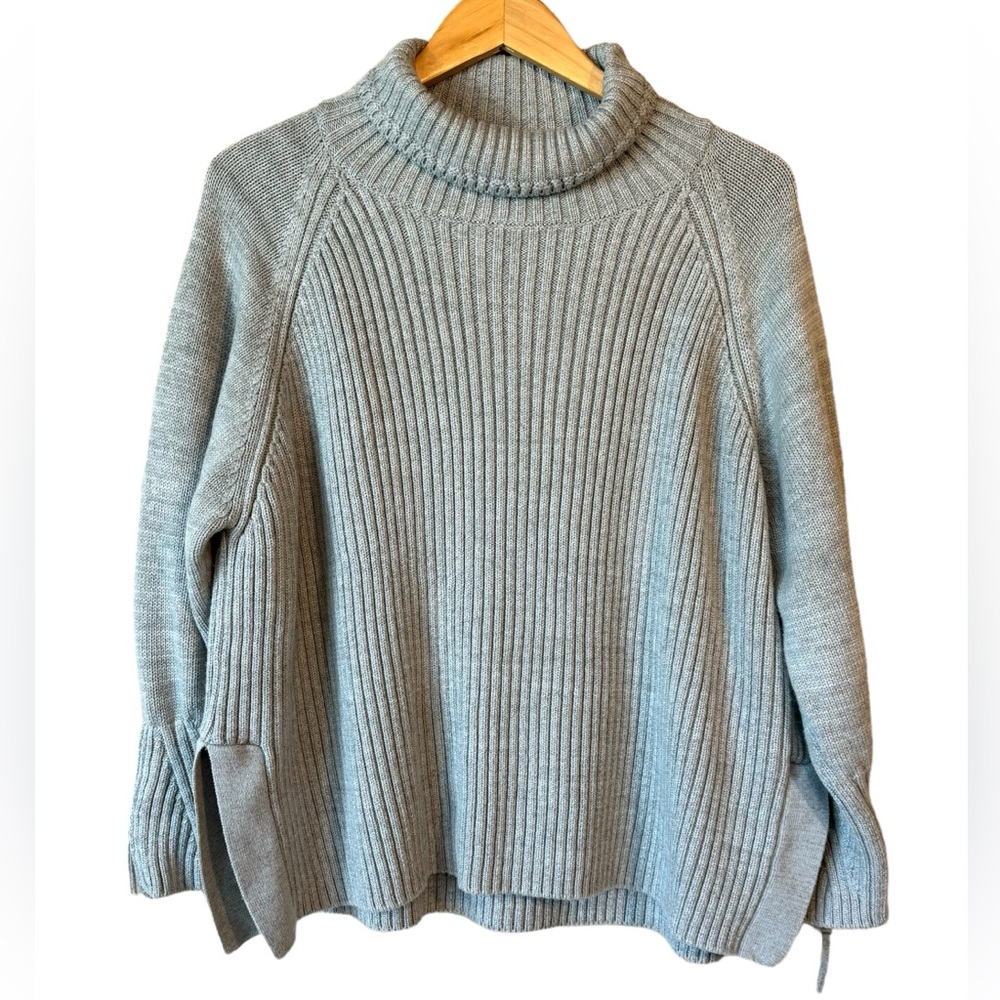 Wrap Womens 12 Cowl Neck Sweater Gray Wool Blend Ribbed Knit Side Slits